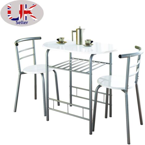 White High Gloss Dining Table and 2 Chairs Set Metal Frame Kitchen - 0075