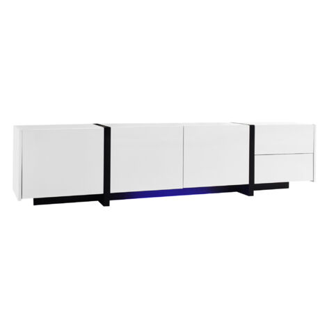 White High-Gloss TV Cabinet with Black Contrasting Table Legs - Modern Media Unit with Doors & Drawers, Slim Design for Living Room