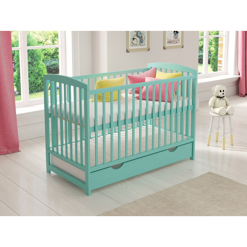 Jacob Cot Bed 120x60cm with drawer & Aloe Vera mattress (Mint) - Mint