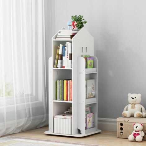 LIVINGANDHOME White Kids House Frame Rotating Bookshelf
