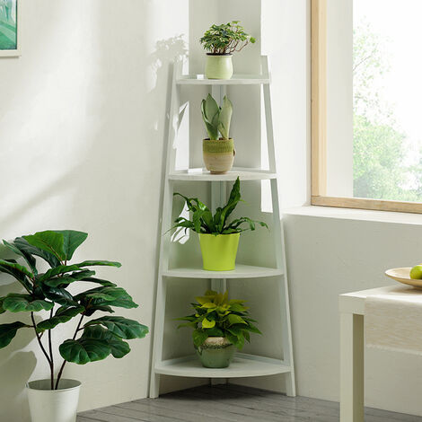White Ladder Bamboo Wood Flower Plant Stand Corner Bookcase Shelf