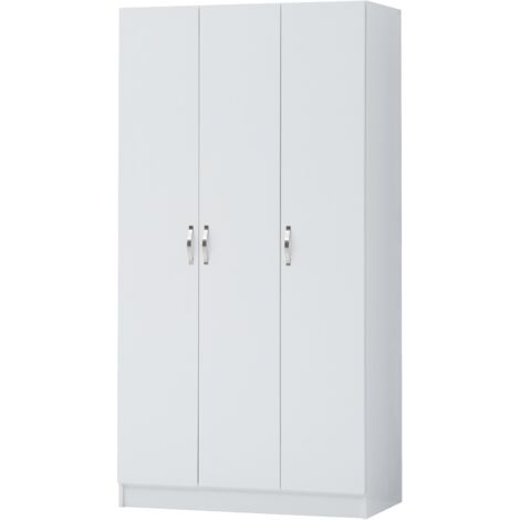 White Large 3 Door Double Wardrobe With Shelves And Hanging Rail