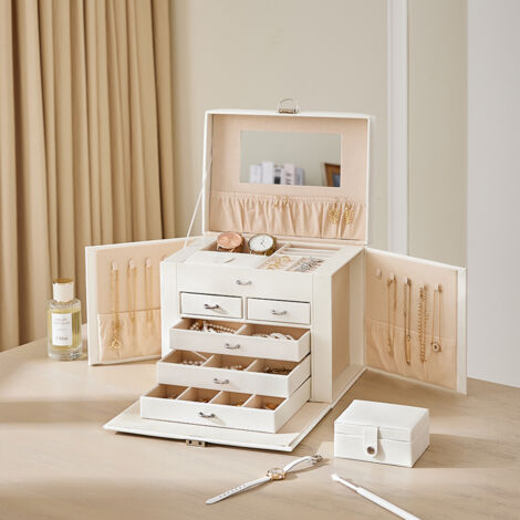 White Large Multi Tier Faux Leather Jewellery Storage Box