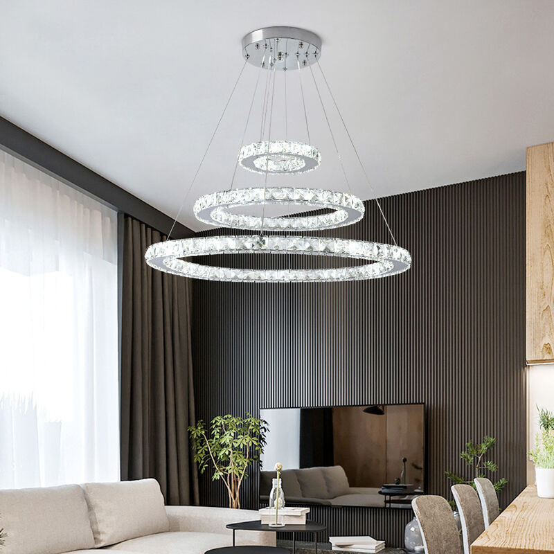 White LED Chandelier Lamp Wire Pendant Crystal Ceiling Lights, 30+50+70CM