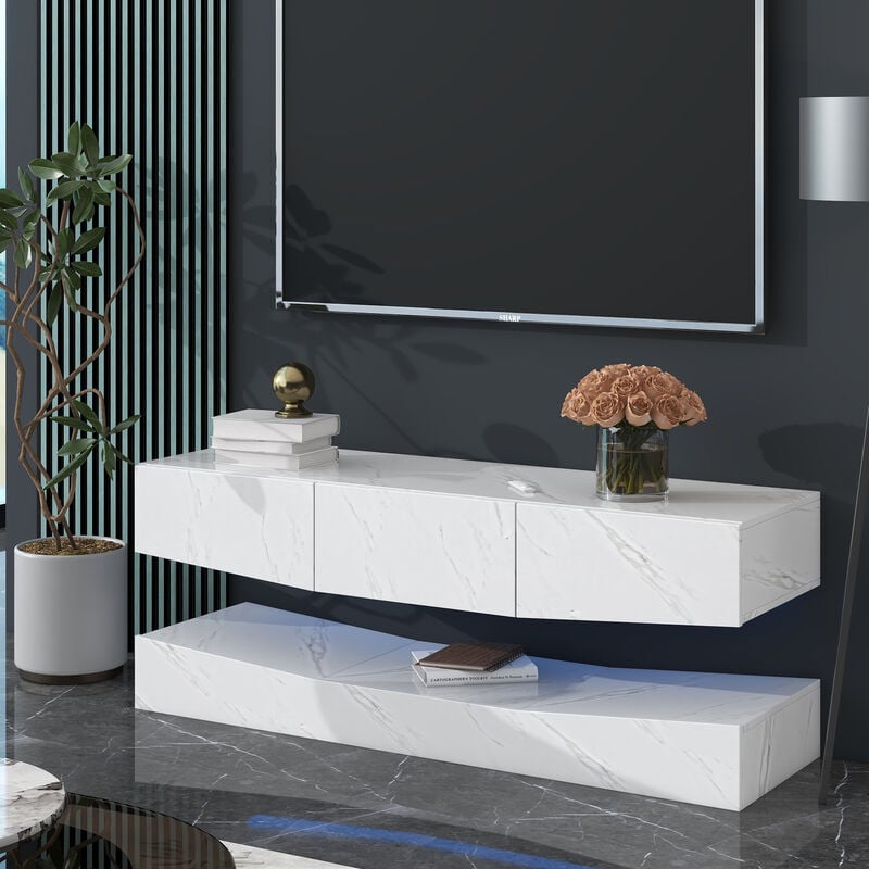 White LED TV Stand for TVs up to 55 Inches – TV Unit with Led Lights, Open Shelves, Wall Hanging Lowboard for Living Room, Entertainment Room
