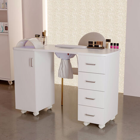 White Manicure Table with Dust Collector and Wrist Cushion