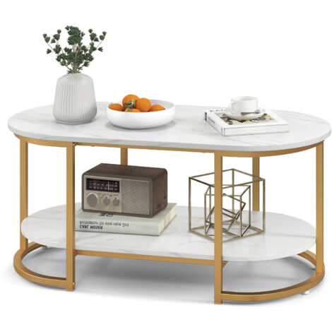 White Marble Coffee Table Bedroom Modern 2-Tier Center Table w/Storage Shelf