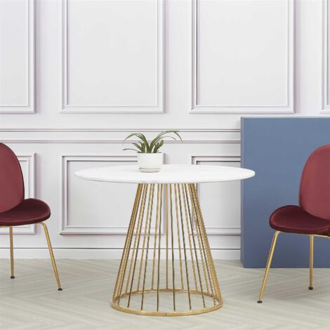 White Marble Dining Table with Golden Legs 100cm Round Marble Effect Matt Finish Top UK