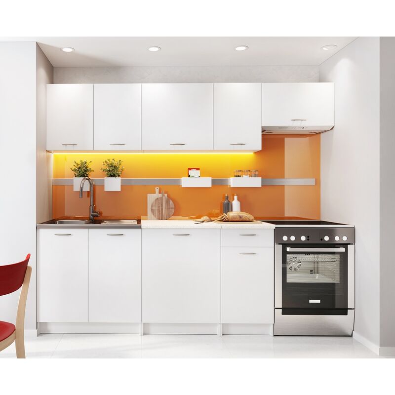 Kitchen 7 Units Cabinets set White Matt Cupboard & Worktop 240cm Base Wall Budget - White Matt