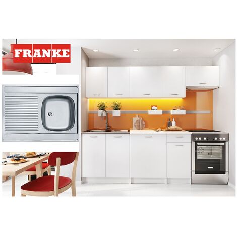 main image of "White Matt Set of 7 Kitchen Base and Wall Units - Total length of set 240cm Includes Franke Stainless Steel Kitchen Sink and Waste Kit plus Worktop Complete cabinets supplied flat packed with plinths, handles and worktop. Budget kitchen range - units stan"