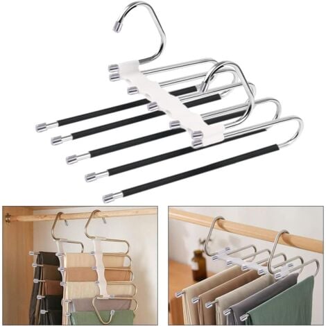 LINGHHANG White Multiple Pants Hanger, 1 Piece Pants Hangers Space Saving Hanger, Magic Multi Hanger Closet Storage, Stainless Steel Multifunction Foldable Non-Slip Jeans Rack