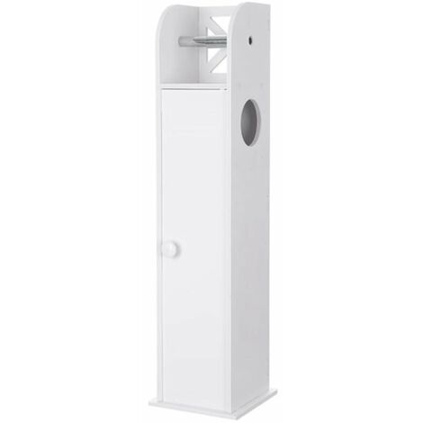 White Narrow Wooden Toilet Paper Roll Holder and Cabinet Bathroom Roll Storage Toilet Brush Holder 2 Inner Shelf White