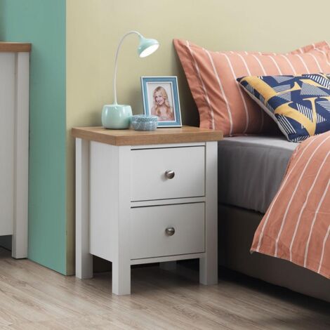 White Nightstand With 2 Drawers Bedside Table Storage Unit Oak Wood Drawer