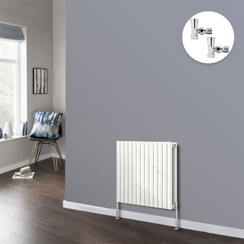 White Oval Radiator Designer Panel Radiators Bathroom Central Heating with Angled Manual Pair of Valves 600x767mm Horizontal Double