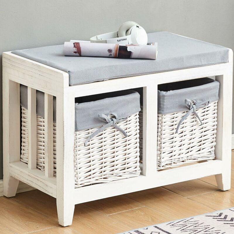 White Painted Hallway Bench Seat 2 Basket Pull-Out Storage Grey Cushioned Top
