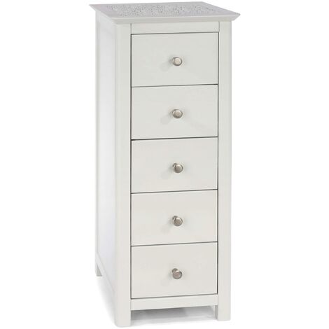 main image of "White Painted Tall Narrow 5 Drawers Bedside Chest Stone Top Bedroom Storage"