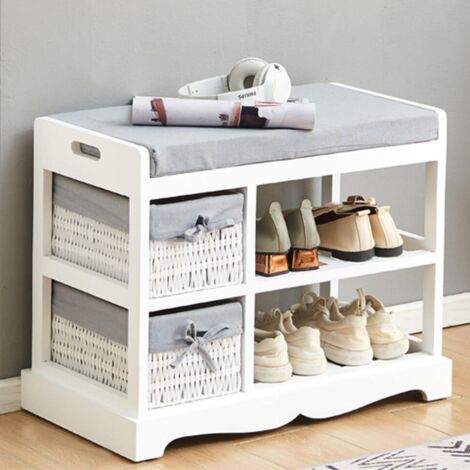 main image of "White Painted Wooden Hallway Bench 2 Basket 2 Shelf Storage Grey Cushioned Top"