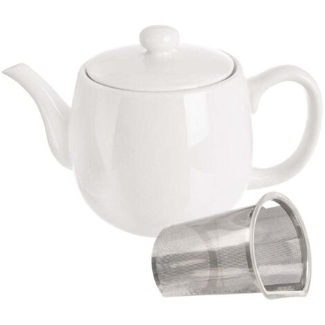 White porcelain teapot with removable infusion basket and lid