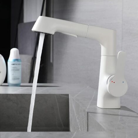 (White) Pull Down Bathroom Faucet Single Hole Bathroom Faucet with 2 Modes