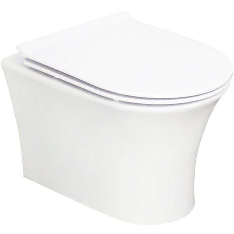 White Rimless Hidden Fixation D Shape Wall Hung Toilet Pan & Soft Close Seat