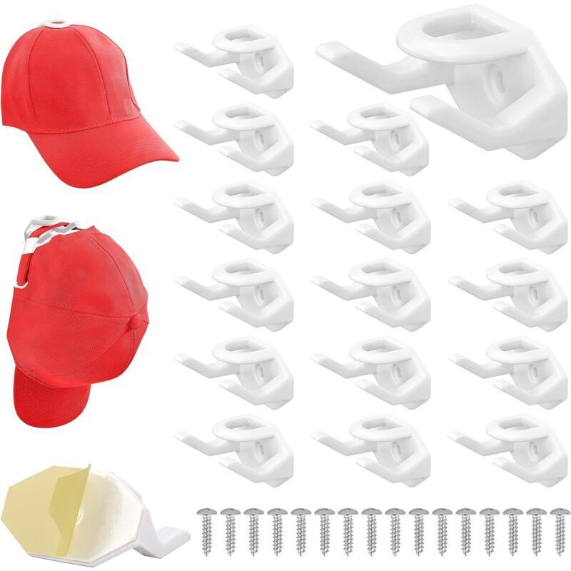 White Set of 16 Self-Adhesive Hat Hooks - Wall-Mounted Hat Holder for Baseball Caps - No-Drill Wall Mount for Bedroom Cap Hanger