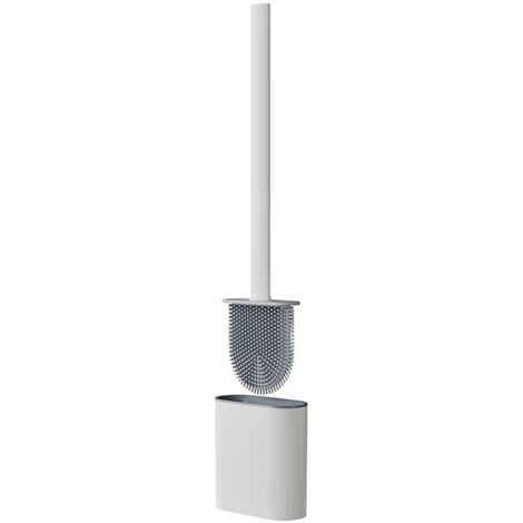 White Silicone Flat Toilet Brush - Toilet Brush and Holder, Drip-Free, Antibacterial, Quick Drying and Odorless, Wall/Floor Mounted Toilet Brush