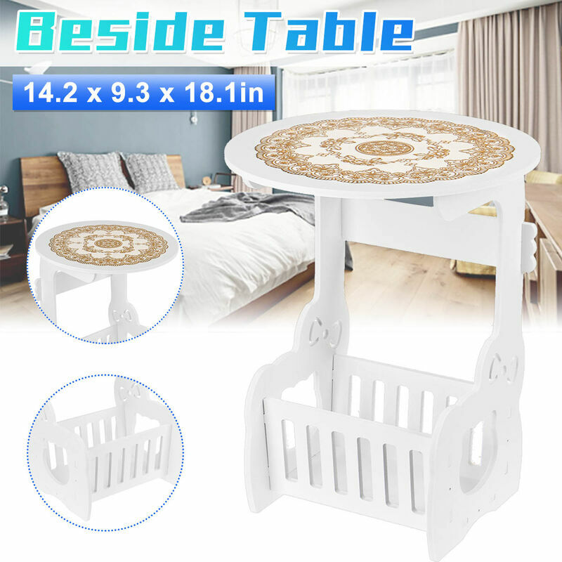 White Small Round Side End Table Beside Coffee Tea Desk Storage Organizer Rack