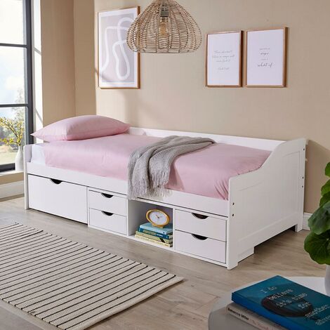 main image of "White Solid Pine Cabin Bed 3ft Single Guest Bed Under Bed Storage With 5 Drawers"