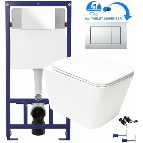 GRAVAHAUS White Square Rimless Wall Hung Toilet & 1.12m Concealed WC Cistern Frame Set - Gloss Chrome Square Plate