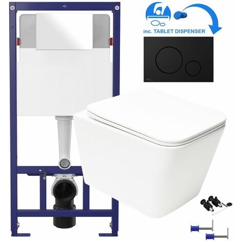 GRAVAHAUS White Square Rimless Wall Hung Toilet & 1.12m Concealed WC Cistern Frame Set - Matt Black Plate