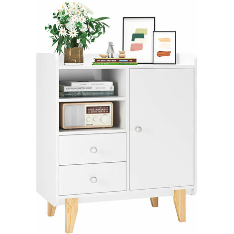 White Storage Cabinet Freestanding Living Room Sideboard Wooden 2 Drawers Cupboard with 2 Shelves and 1 Door 75x40x87cm