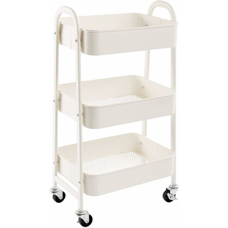 White Storage Cart 3 Tier Metal Serving Trolley, Trolley Storage Cart With Wheels For Kitchen Makeup Bathroom Office,