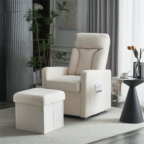 ABRIHOME White Swivel Chair with Footrest, Storage Pocket, Teddy Material, D28 Foam Padding, Detachable Backrest and Armrests