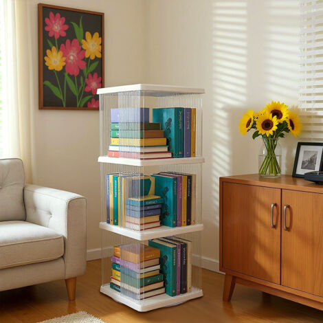 White Three-layer Plastic Square Rotating Bookshelf Floor-standing Storage Rack 36cm (W) x 36cm (D) x 102.5cm (H)