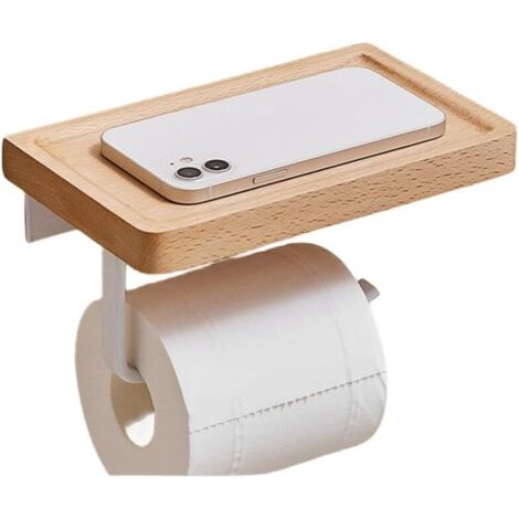 White Toilet Roll Holder Self Adhesive With Bamboo Shelf No Drill 2 in 1 Toilet Paper Holder With Drilling Wall Mounted Toilet Roll Holder