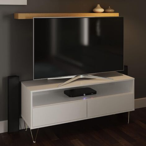 White TV Cabinet With 2 Drawers And Open Shelving For Storage Modern