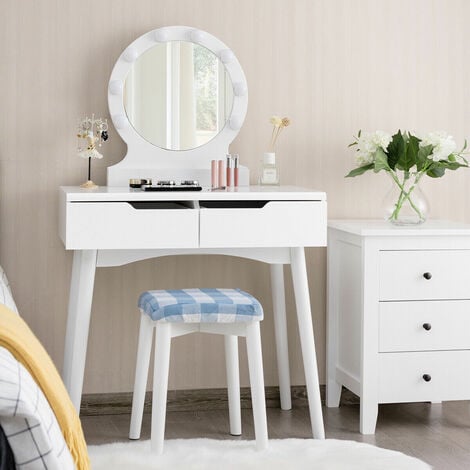 White Vanity Dressing Table Set Makeup Desk And Stool W/ LED Light & 2 Drawers