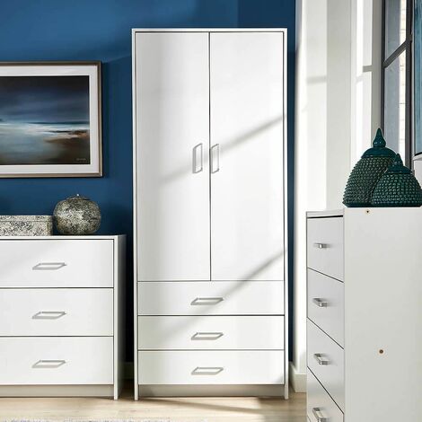 White Wardrobe 2 Door 3 Drawer with Hanging Rail and Storage Shelf Bedroom Unit - White
