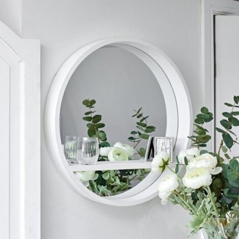 WHITE White Round Mirror with Shelf