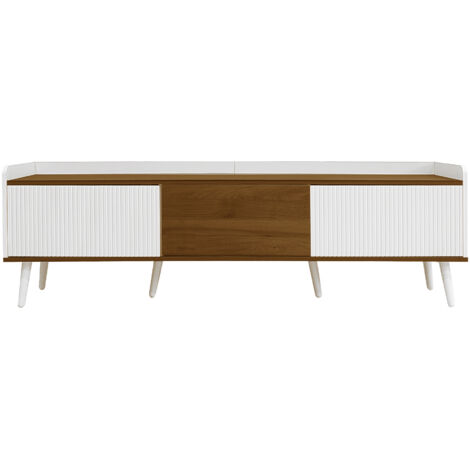White & Wood TV Stand with 3 Doors - 160cm Media Unit, Compact 39cm Depth, Modern Entertainment Cabinet for Living Room