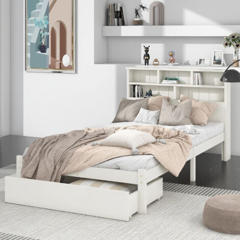 White Wooden 3FT Single Storage Bed Frame (90x190cm) – Underbed Drawers & Shelves – Space-Saving Design