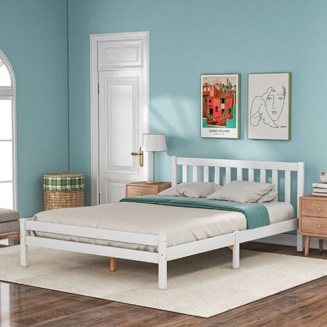 White Wooden Bed Frame – Solid Wooden Double Bed, 4ft6, Bedroom Furniture for Adults, Kids, Teenagers, 135 x 190 cm
