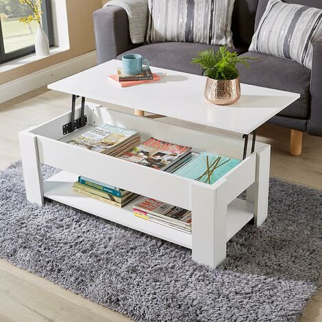 HOME SOURCE White Wooden Coffee Table With Lift Up Top Storage Area and Magazine Shelf