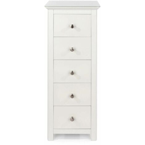 main image of "White Wooden Narrow 5 Drawer Bedroom Storage Chest Unit Toughened Glass Top Tall"