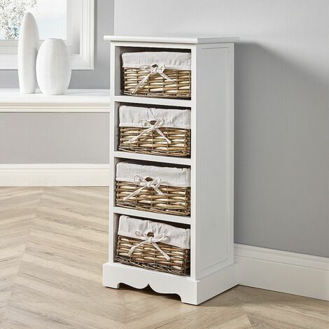 White Wooden Storage Unit 4 Drawer Chest Water Hyacinth Basket Fully Assembled