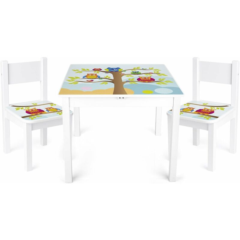 White wooden table and 2 chairs - Yeti - Owls