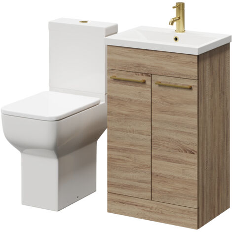 Wholesale Domestic Alessio Bordalino Oak 500mm Vanity Unit and Toilet Suite including Comfort Height Toilet and Floor Standing Vanity Unit with 2 Doors and Brushed Brass Handles