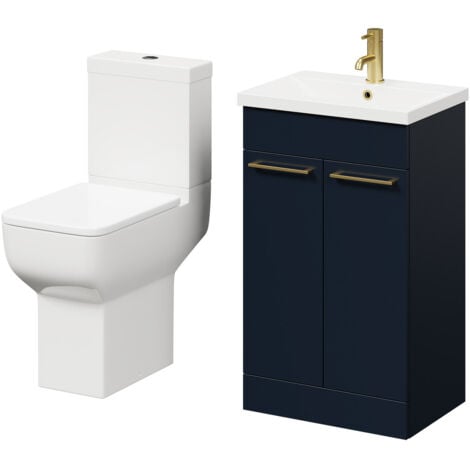 Wholesale Domestic Alessio Deep Blue 500mm Vanity Unit and Toilet Suite including Comfort Height Toilet and Floor Standing Vanity Unit with 2 Doors and Brushed Brass Handles
