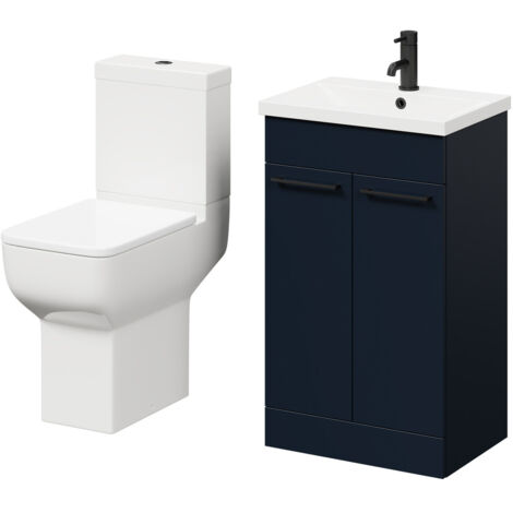 Wholesale Domestic Alessio Deep Blue 500mm Vanity Unit and Toilet Suite including Comfort Height Toilet and Floor Standing Vanity Unit with 2 Doors and Matt Black Handles
