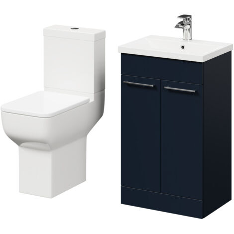 Wholesale Domestic Alessio Deep Blue 500mm Vanity Unit and Toilet Suite including Comfort Height Toilet and Floor Standing Vanity Unit with 2 Doors and Polished Chrome Handles